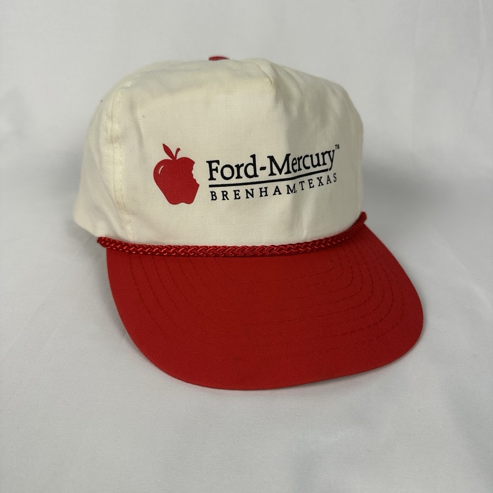 Vintage Ford Mercury Brenham TX Rope Snapback Hat White Red Apple Nissin Cap